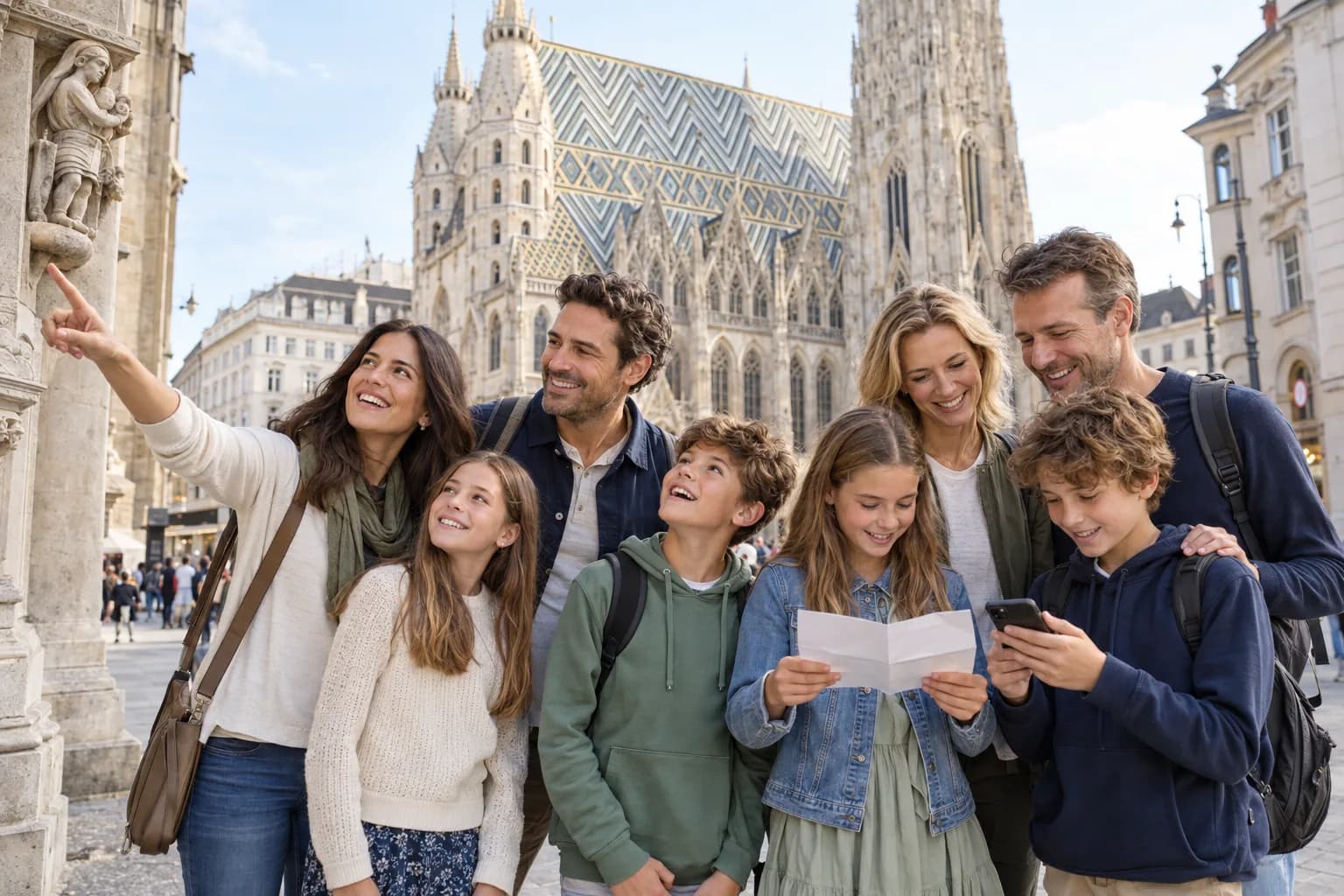 Two families with four children discovering clues together; AI-generated illustration.